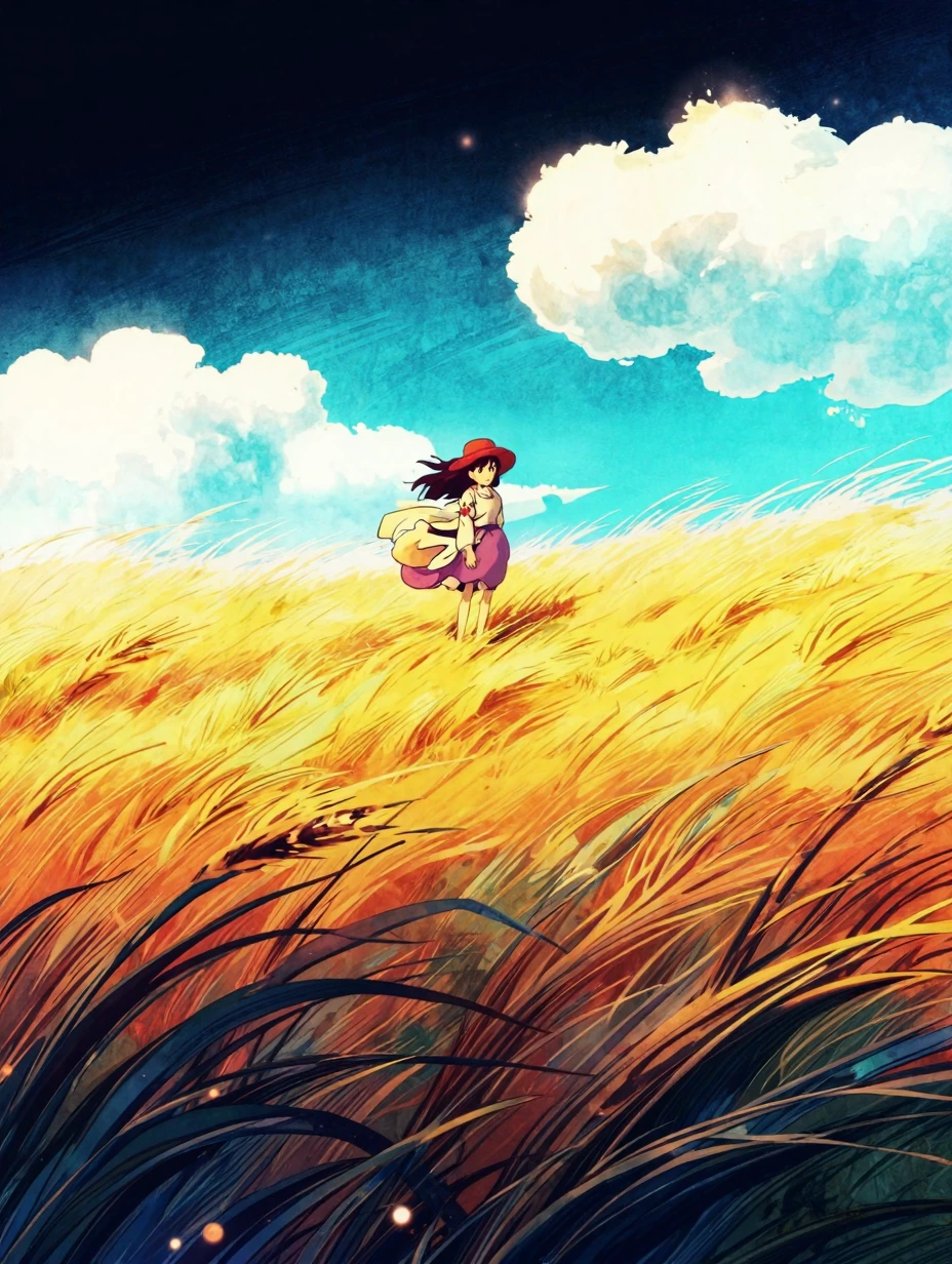 fantasy countryside landscape, ghibli style, golden fields bending in strong wind, bright cyan sky, drifting clouds, sunlight washing over land, 1girl