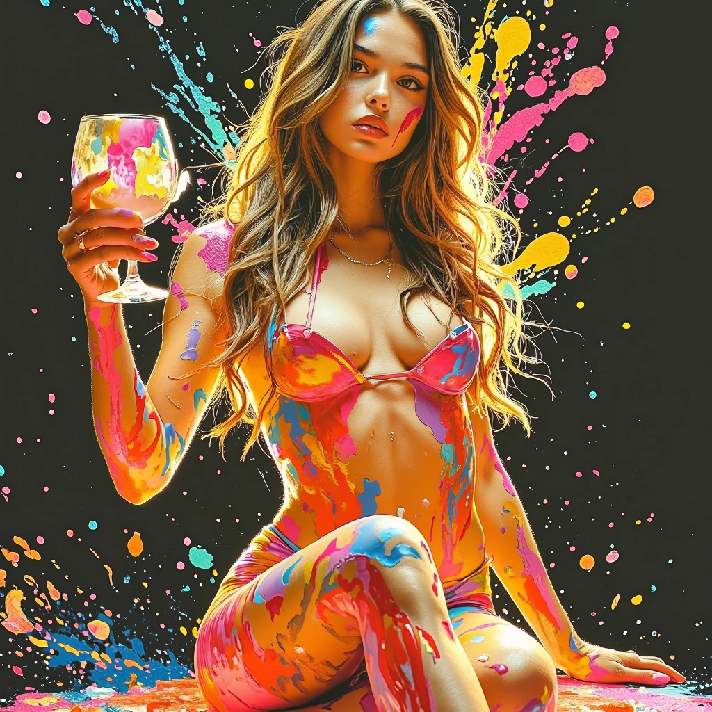 Hyper-detailed dramatic futuristic portrait of against a pure solid black background. A full length image of a nude woman with long wavy hair. Her body is covered in thick swaths of colorful oil paint. Striking high-contrast lighting with bright high