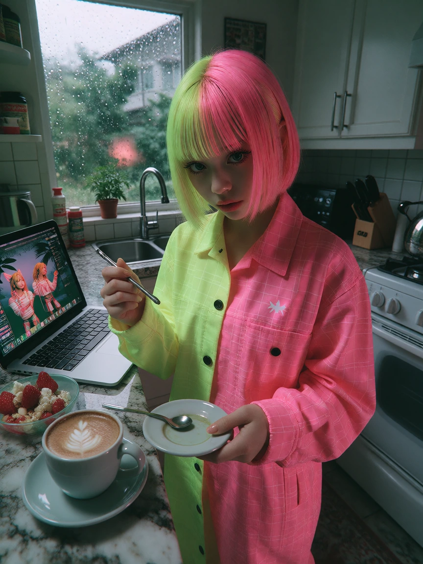 Woman half neon yellow one half neon pink Bob hair with a cat in the kitchen. Coffee, laptop, window, rainy day. Airbrushed manga photo style.