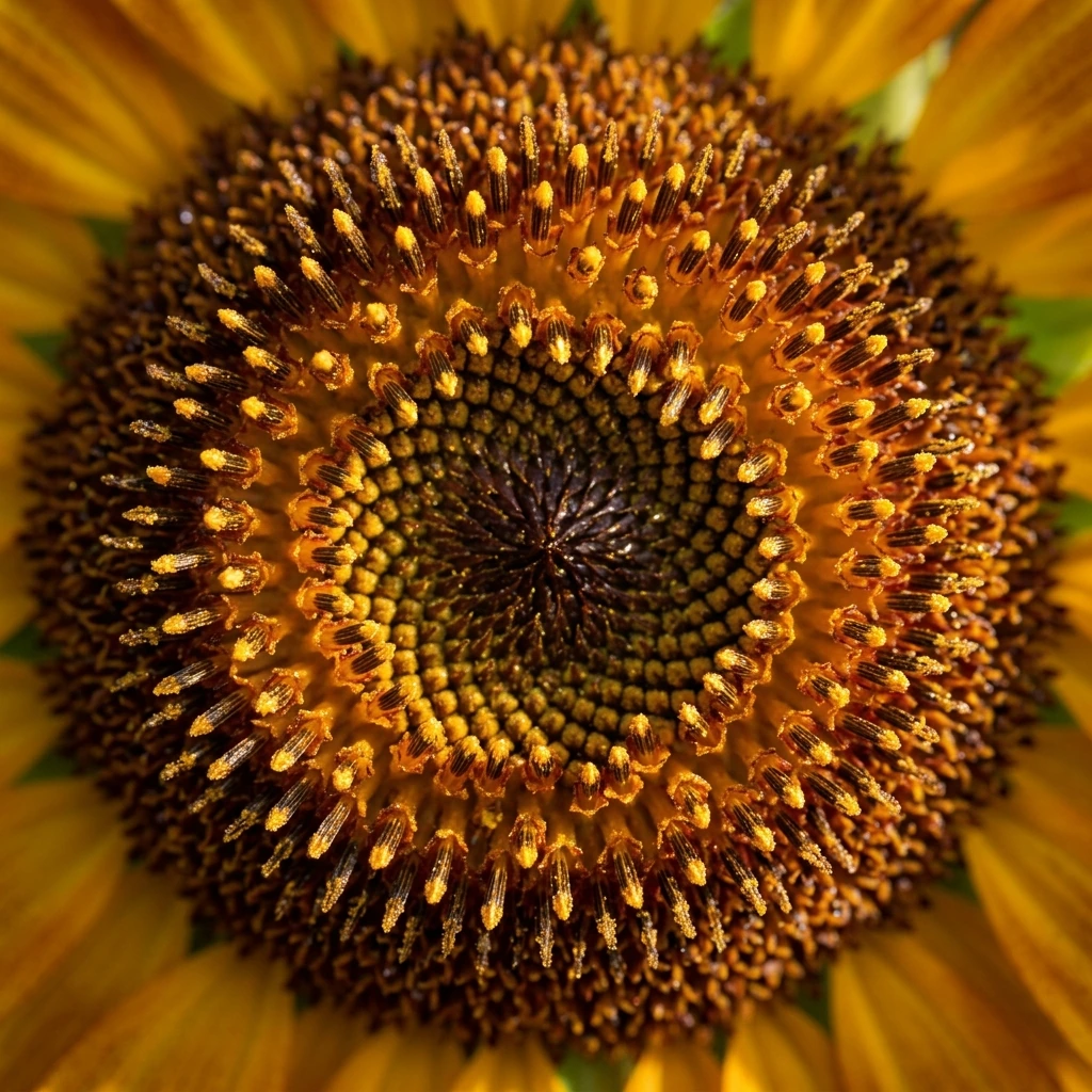 Extreme close-up macro photograph of the center of a sunflower, revealing the intricate spiral pattern of hundreds of tightly packed disc florets arranged in perfect Fibonacci sequence, rich chocolate-brown and burnt-umber tones transitioning to gold