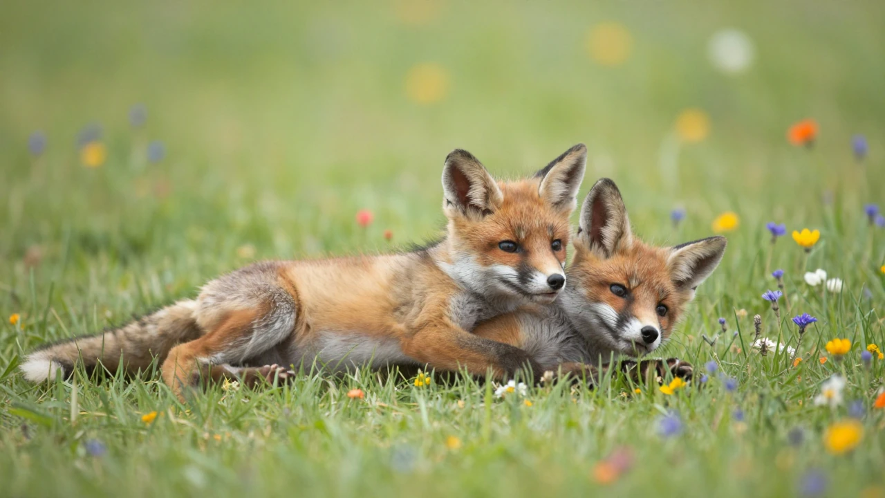 A litter of fox kits rolling around playfully in a field of blooming colorful wildflowers.