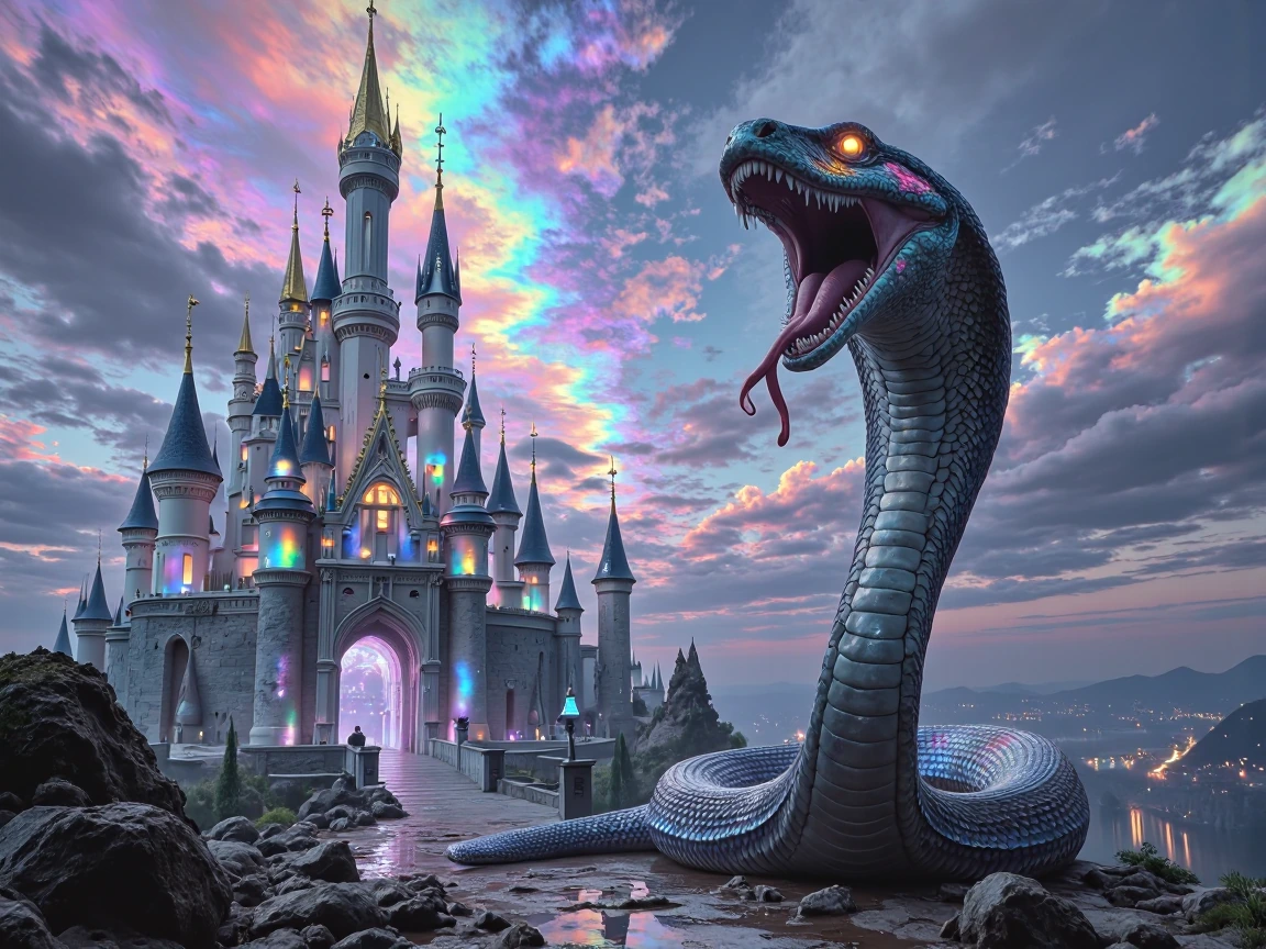 a giant cobra, standing straight up, hissing, tongue out, aggressive, colorful skin, background is a dreamy castle, extremely detailed, 8k quality