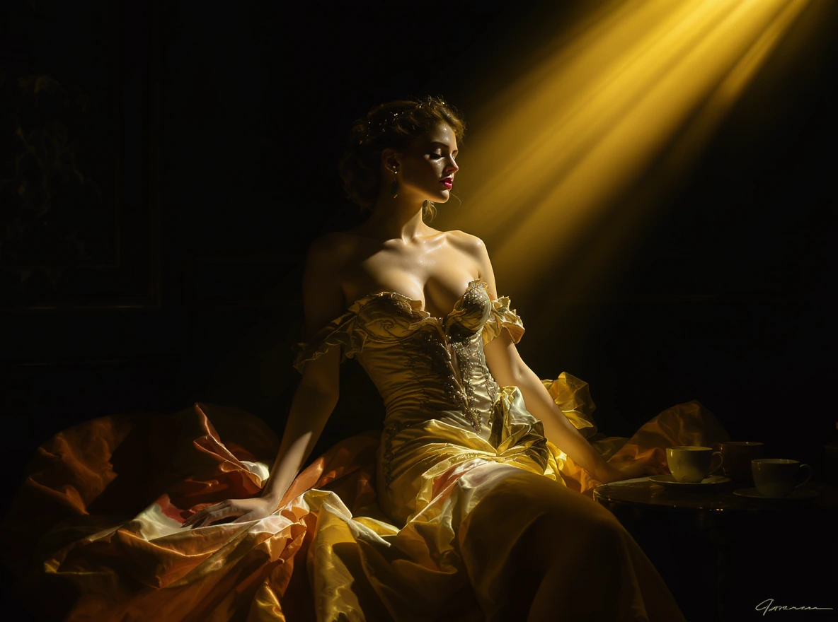 A stunningly beautiful young woman in a beautiful, form-flattering dress in a trendy coffee shop with dramatic Caravaggio-style tenebrism, strong chiaroscuro lighting with golden beams cutting through deep shadows, Rembrandt lighting from the side, s