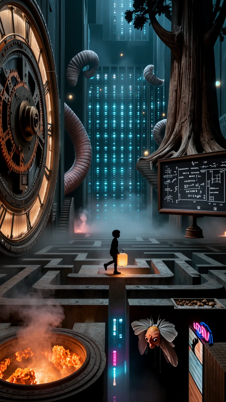 A silhouette of a small child carrying a glowing paper lantern walking across thin air through an endless maze of diverse, unrepeatable vertical shafts and tunnels. The geometry is impossible, featuring surreal and hallucinatory elements. Environment