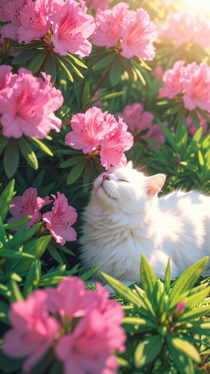 A serene photorealistic garden scene featuring a fluffy white cat resting among dense vibrant pink azalea blossoms and rich green foliage, eyes gently