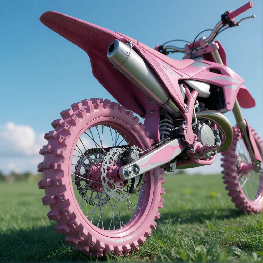 Sci-fi dirtbike neon colors bright pink style mx doom cross illustration style exaggerated back wheel low angle, green grass field