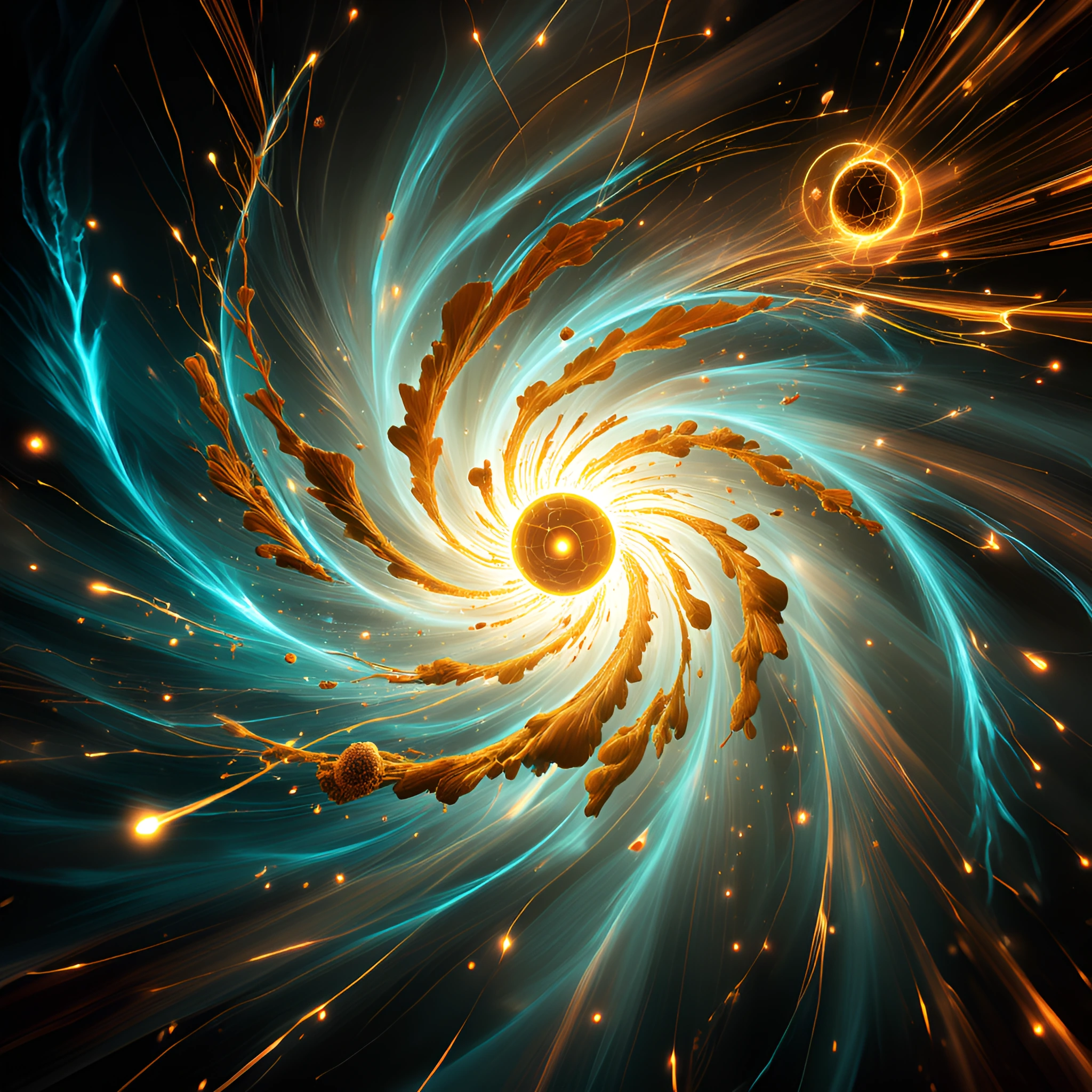 A nuclear reaction captured in its most dramatic moment, swirling vortex of brilliant cyan and electric blue plasma spiraling outward, intense white-h