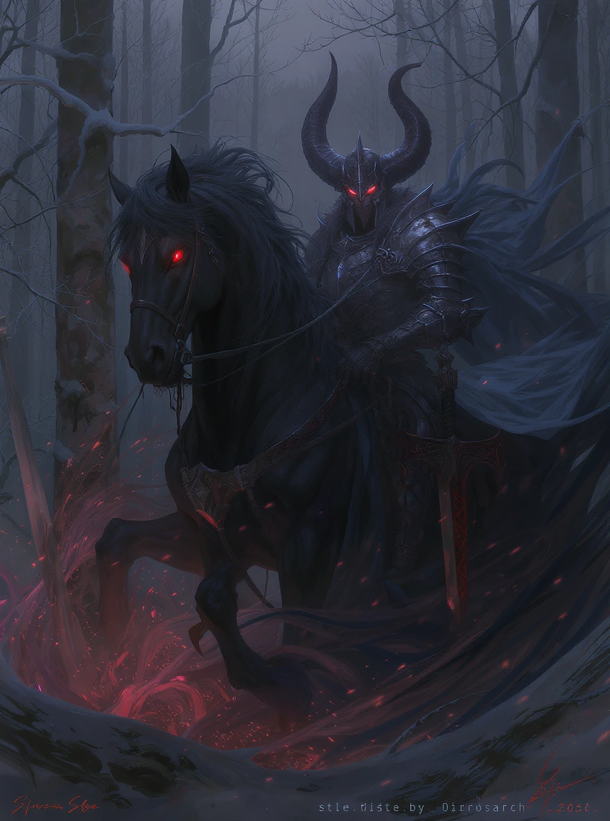 The image depicts a dark fantasy scene set in a snowy forest at night. A menacing armored figure stands prominently in the foreground, adorned in blac