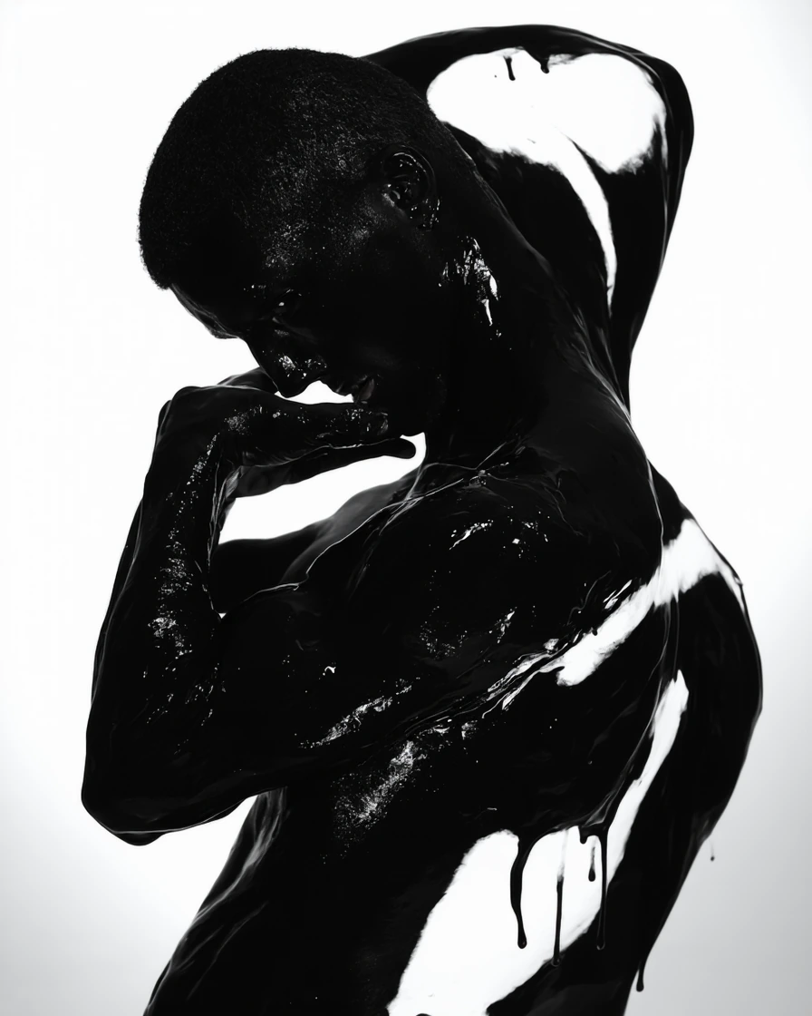 Abstract fine-art close-up of a human figure bent forward in a dynamic contorted pose, focus on arm and shoulder curvature and musculature, skin partially covered in glossy black oil-like paint with thick pools, textured smears, and dripping streaks,