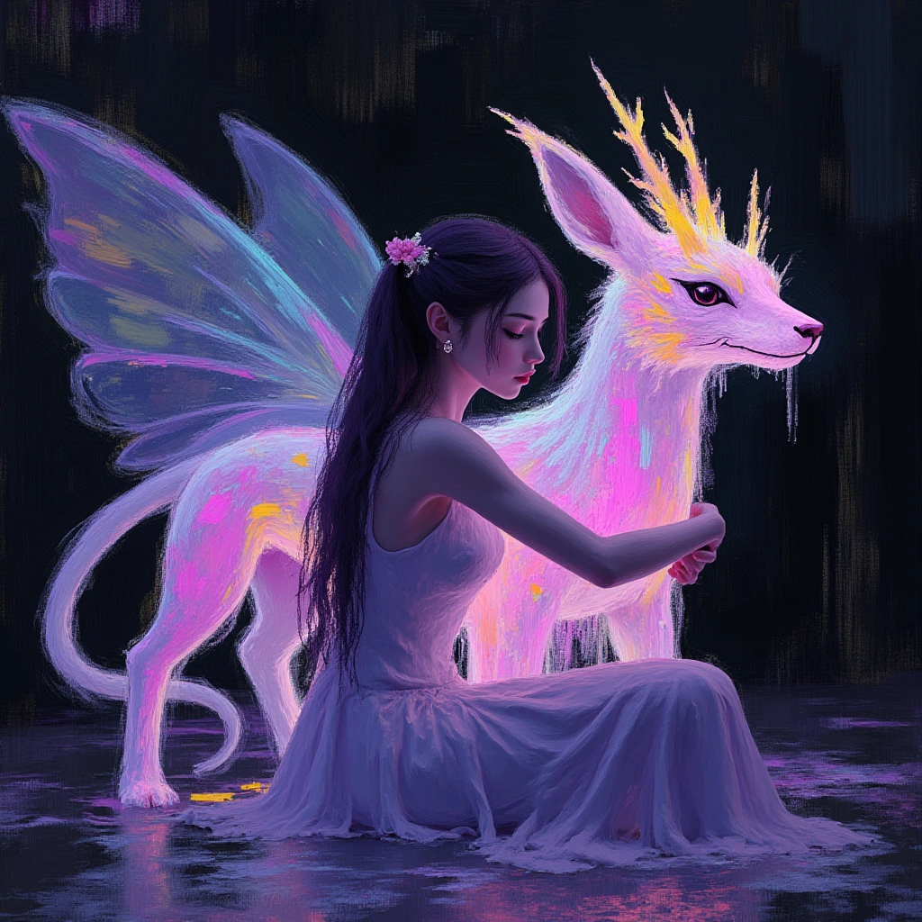 beautiful fairy woman hugging her translucent fantasy animal pet. Iridescent fantasy background, luminism. artsy, illustration, daz3d