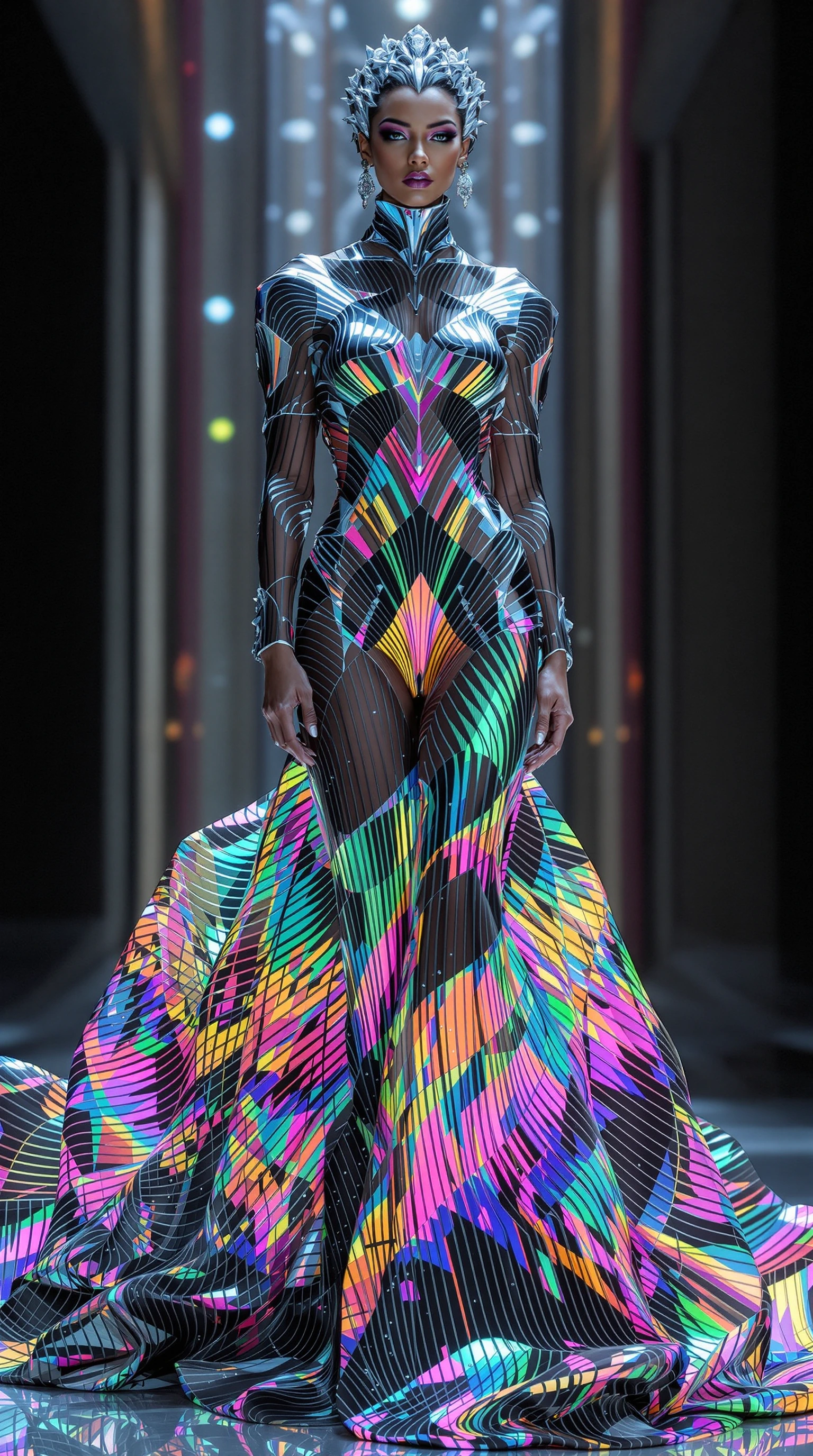A macro-photographic, hyper-maximalist visualization of high-fashion royalty, functioning as a visual manifestation of thin-film interference and chaotic geometric optics. The core subject is an imposing, avant-garde queen draped in a monolithic, zer