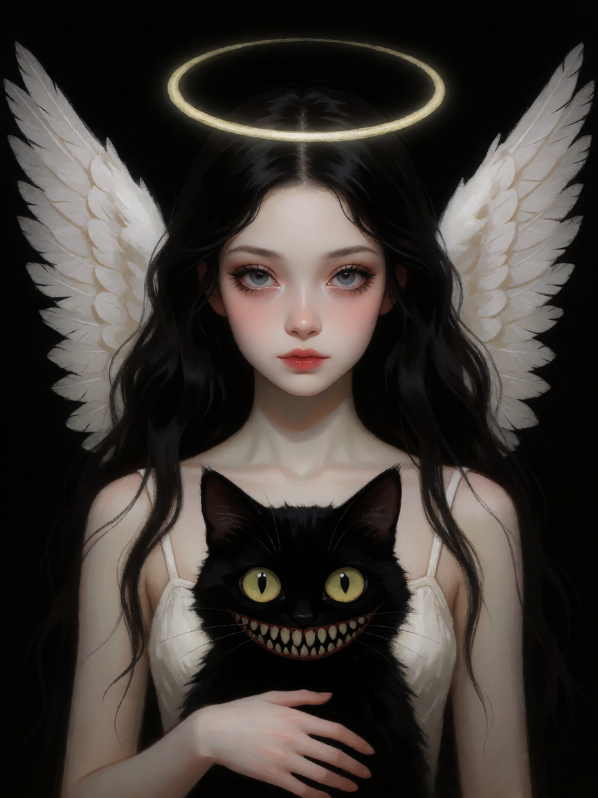 spooky dark themed angel with a scary cat monster. surreal artsy style