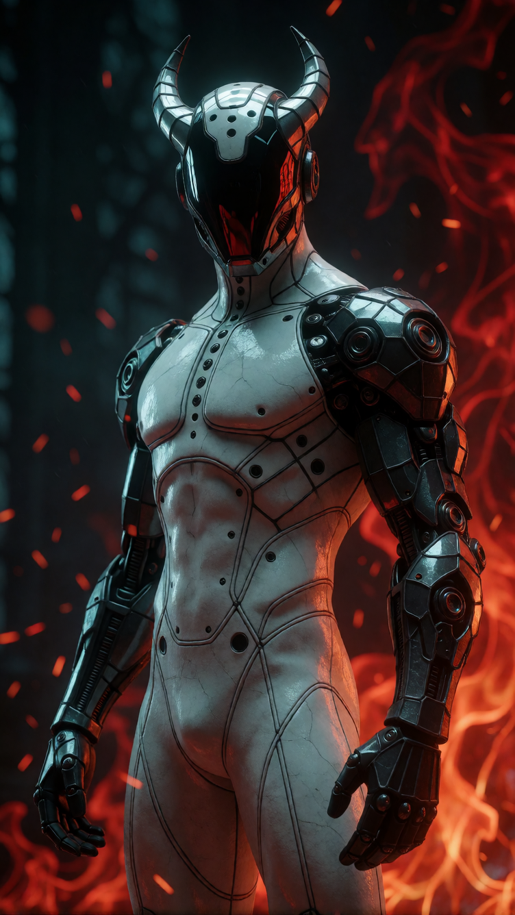 Unreal Engine Style, Futuristic Character, a highly detailed full-body shot of a cybernetic warrior. The figure is clad in a sleek, form-fitting white