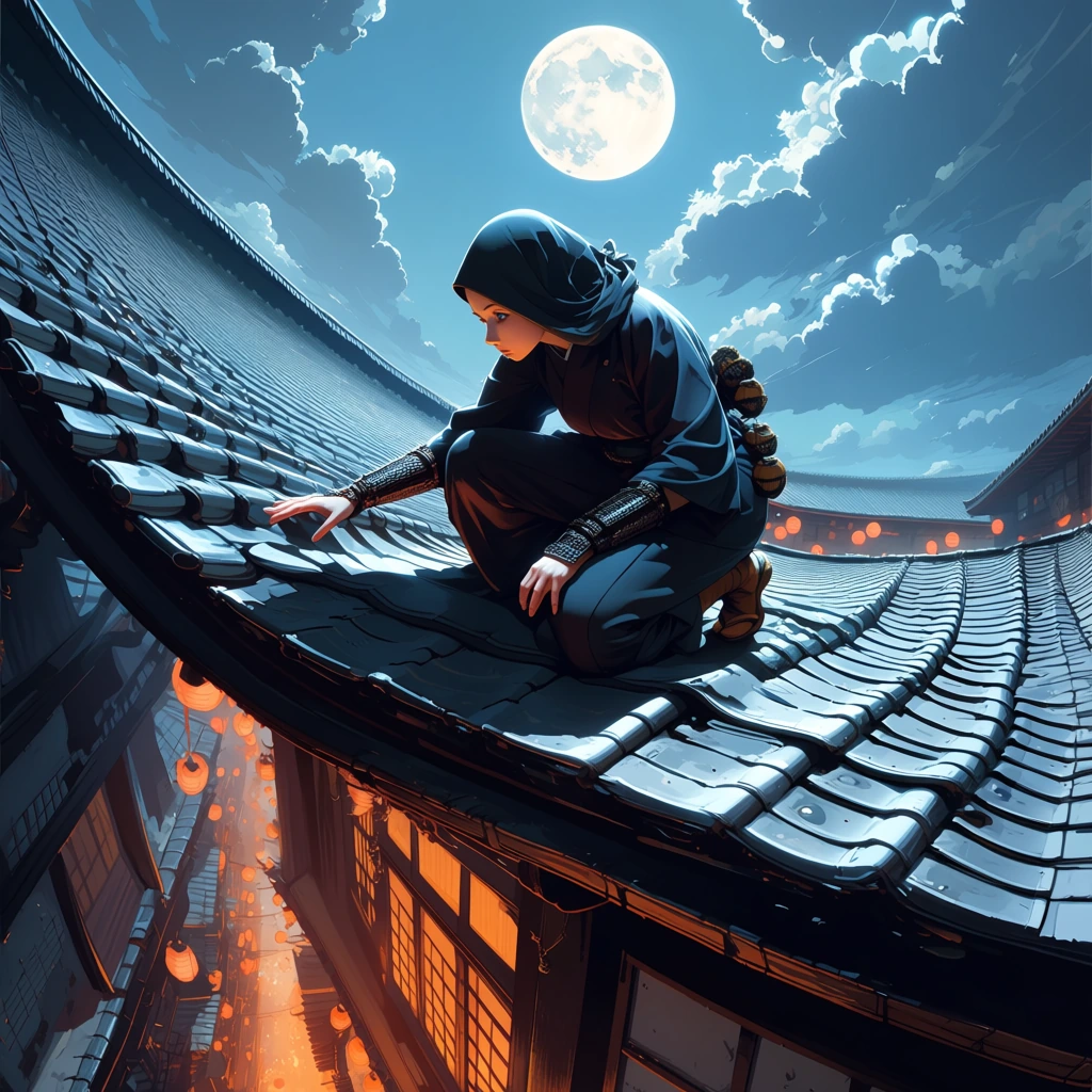 analogue photo of a beautiful 25 years old woman, ((pale skin)), (blue eyes) woman,, clear focus, high resolution image, A Japanese woman dressed in a black shinobi shMzoku crouches silently atop the curved tile roof of an Edo-period townhouse. Her 