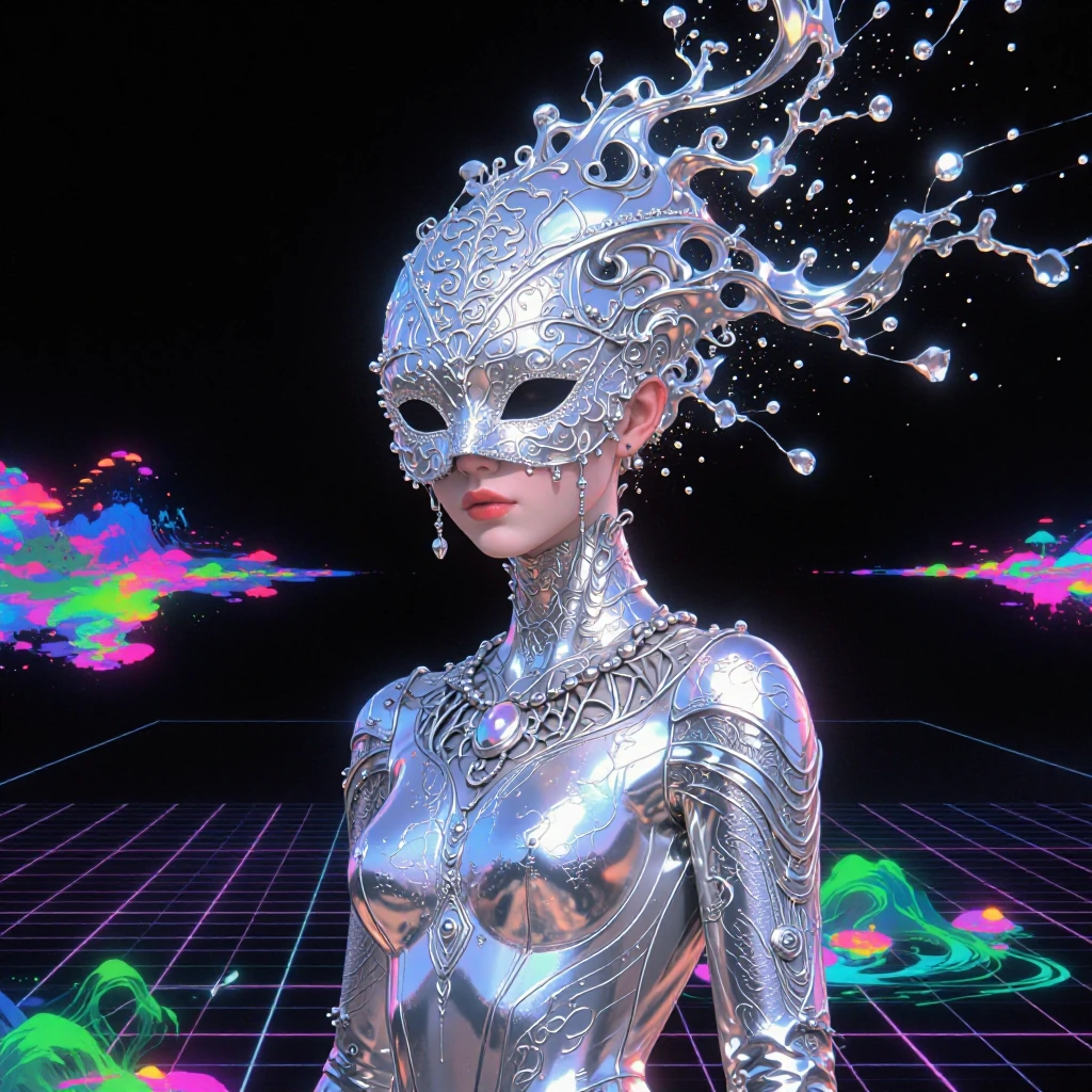 figure in an ornate silver masquerade mask, metallic bodysuit with futuristic armor details, standing at the center of a neon grid world — holographic landscapes shifting around them, mask dissolving into data fragments