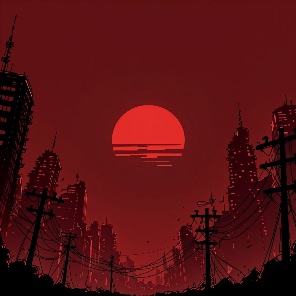 Dark anime aesthetic, digital illustration. Wide shot of a ruined post-apocalyptic cityscape with silhouettes of destroyed skyscrapers and broken, tan