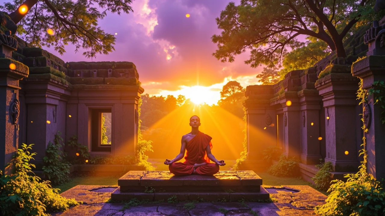 Illuminate a solitary figure meditating cross-legged atop a moss-covered stone altar, bathed in the warm amber-gold glow of a setting sun that saturates the entire scene. Complementary violet and gold tones collide dramatically — deep indigo-purple s