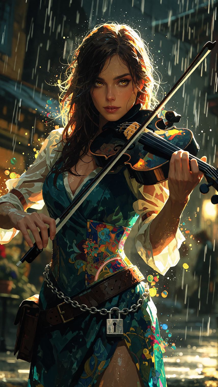 Masterpiece, best quality, ultra-detailed 8K cinematic semi-realistic, highly polished rendering. Sophia Vale playing a black violin in the rain, mid-bow. Long brown hair wet, amber eyes, composed. Emerald silk, rose gold. Signature black metal chain