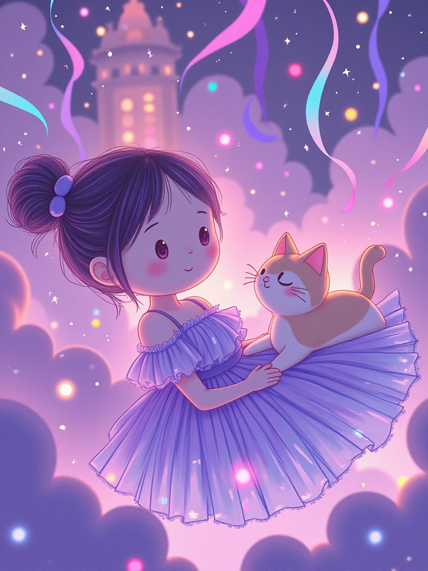 A very dreamlike scene with a woman and a cat, floating in a soft surreal atmosphere. Violet drift as the central mood: violet mist and drifting ribbons of color weaving through the composition, with colorful luminous accents glowing around them. Gen