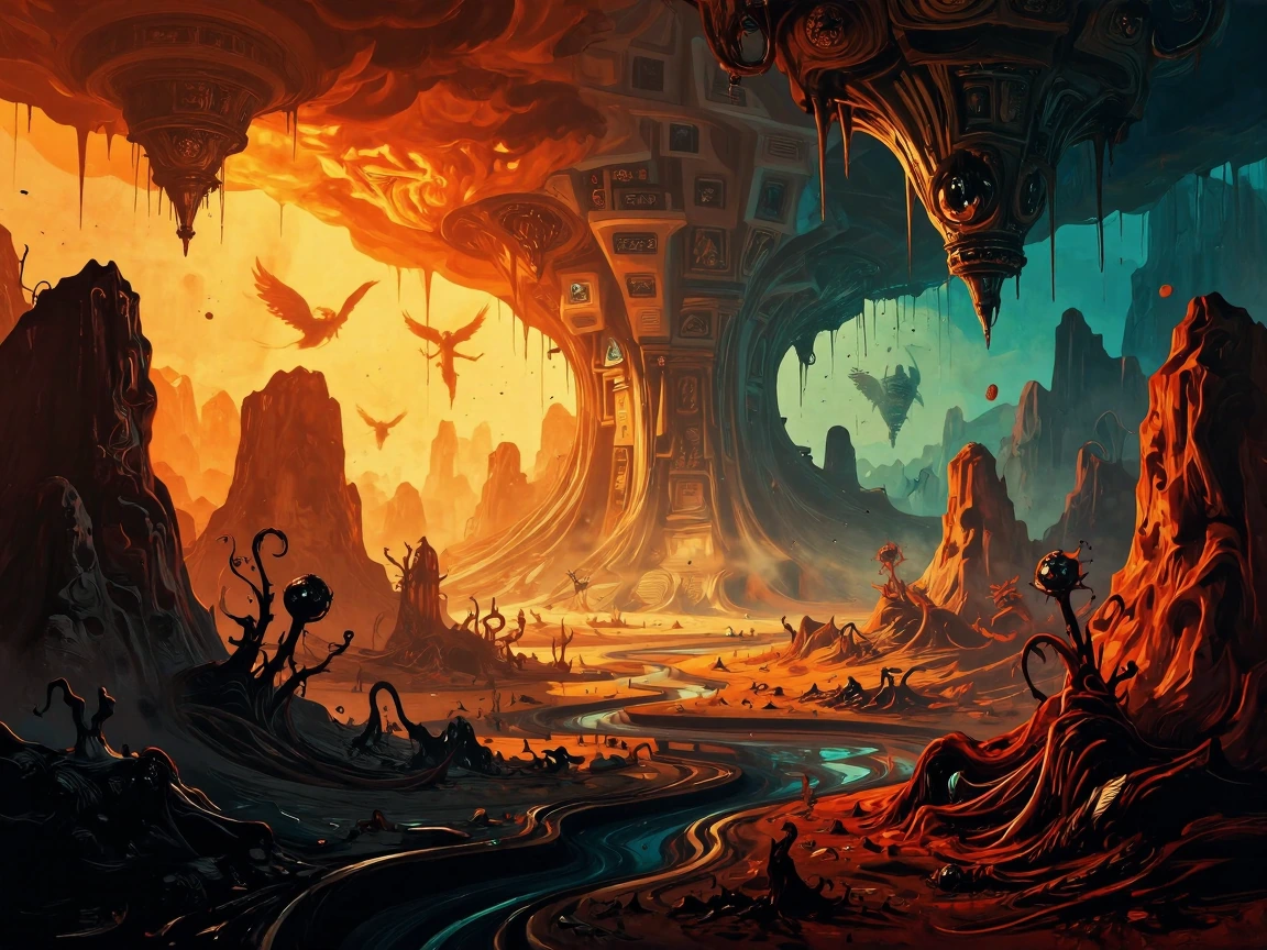 A surreal hellscape bathed in impossible golden hour light, twisted landscape of melting rock formations and inverted mountains, Dadaist absurdism vis