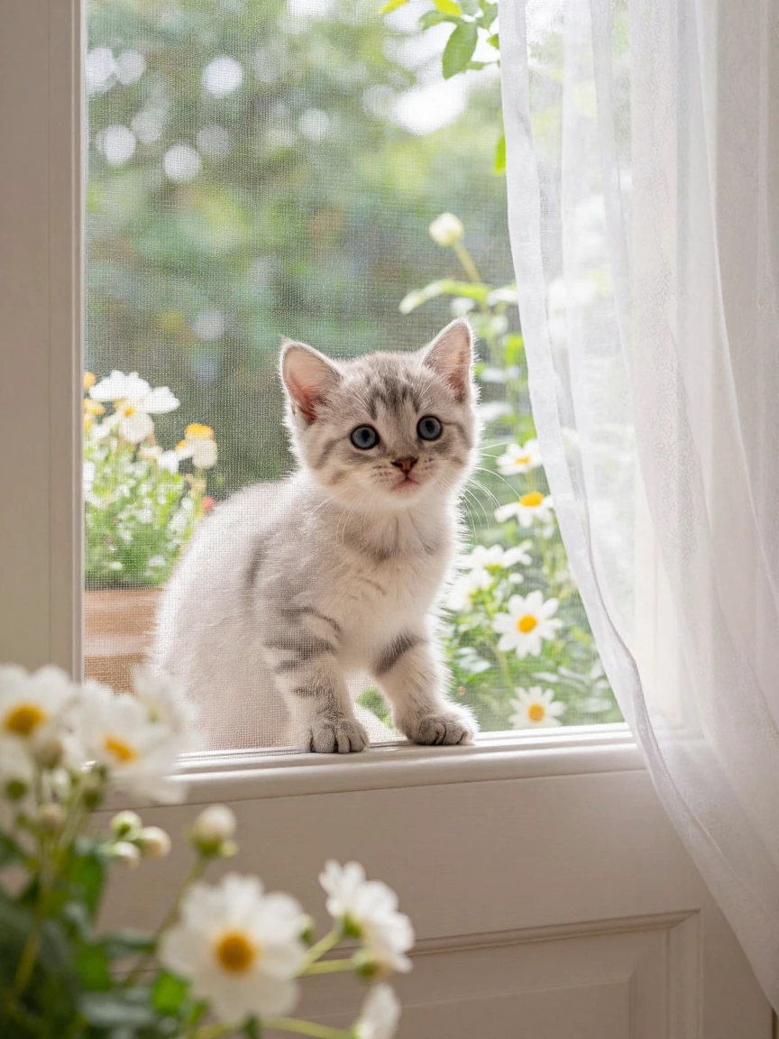 A cute kitten, staring out of a screen door at us. Flowers and nice summer scene.