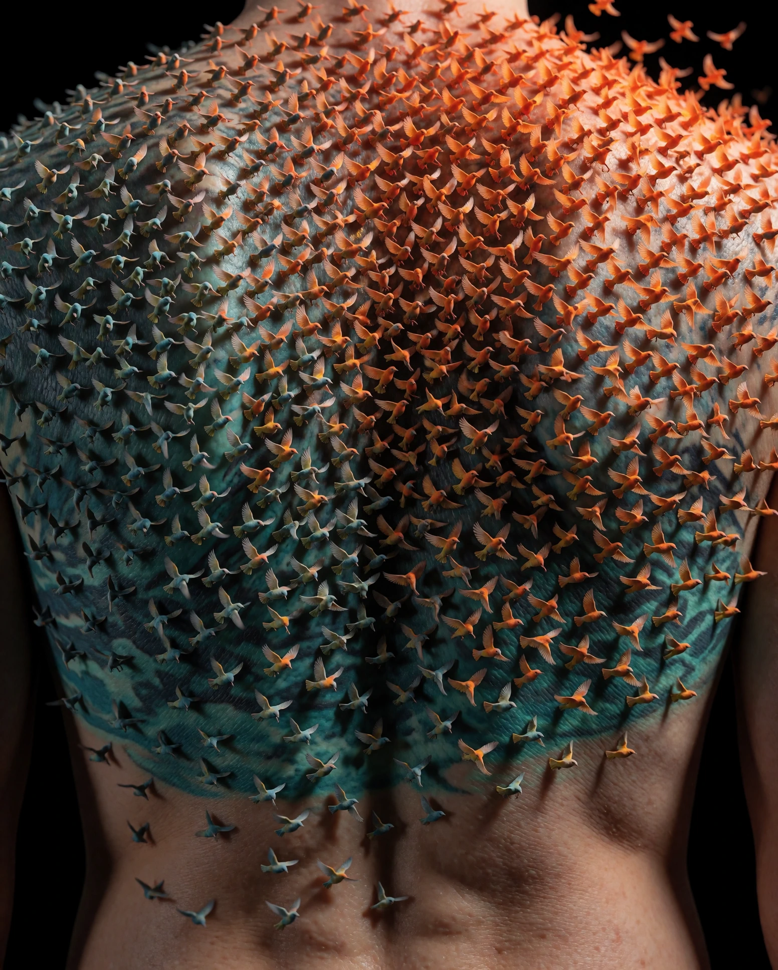 A human back, and a flock of thousands of tiny birds is lifting off from the skin each bird a fragment of tattoo ink, revealing the tattoo was a sky the whole time. Colors shift from cool teal near the skin to blazing orange at the top of the flock.
