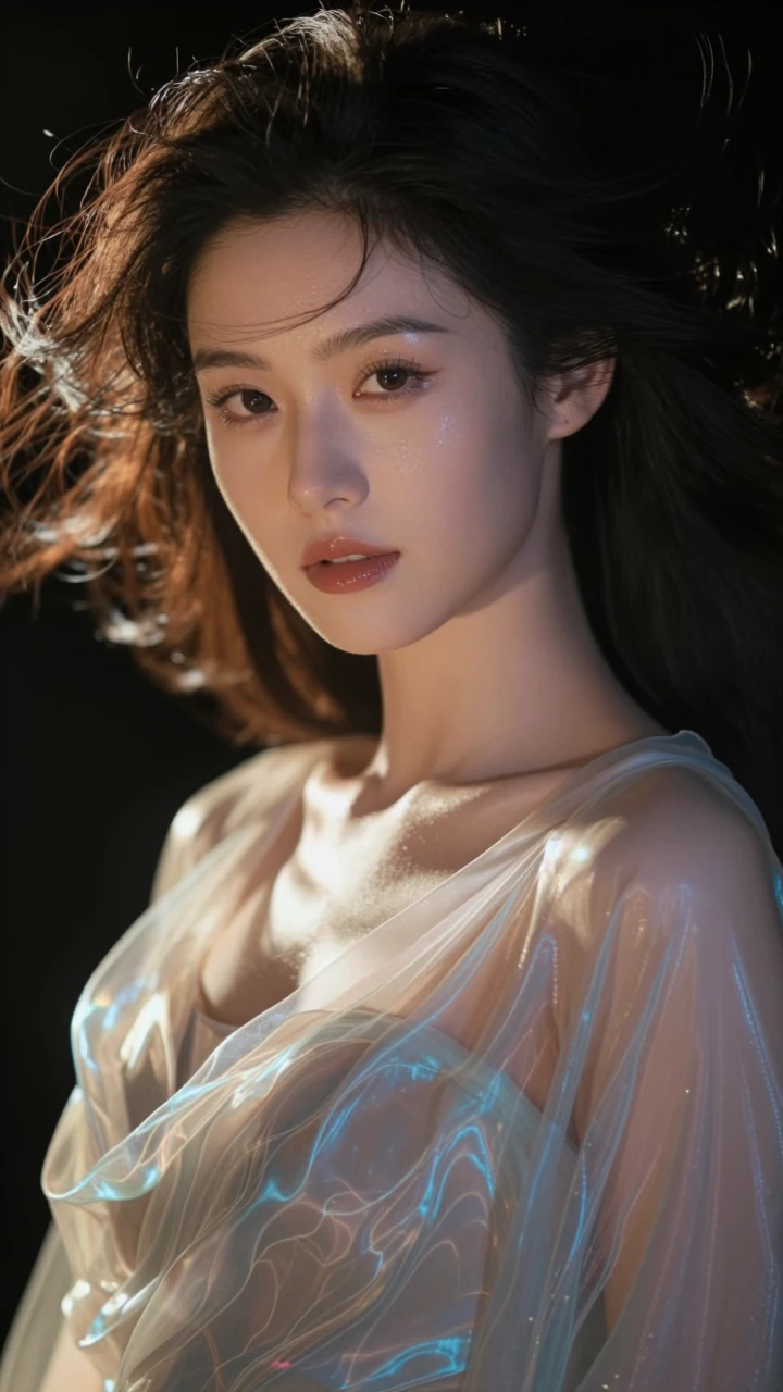 A breathtakingly beautiful woman in a poised, regal stance, gaze fixed on the viewer with "breaking-the-fourth-wall" intensity, appearing a micro-second away from a wink. Hyper-realistic skin with subsurface scattering, fine pores, and a warm, livin