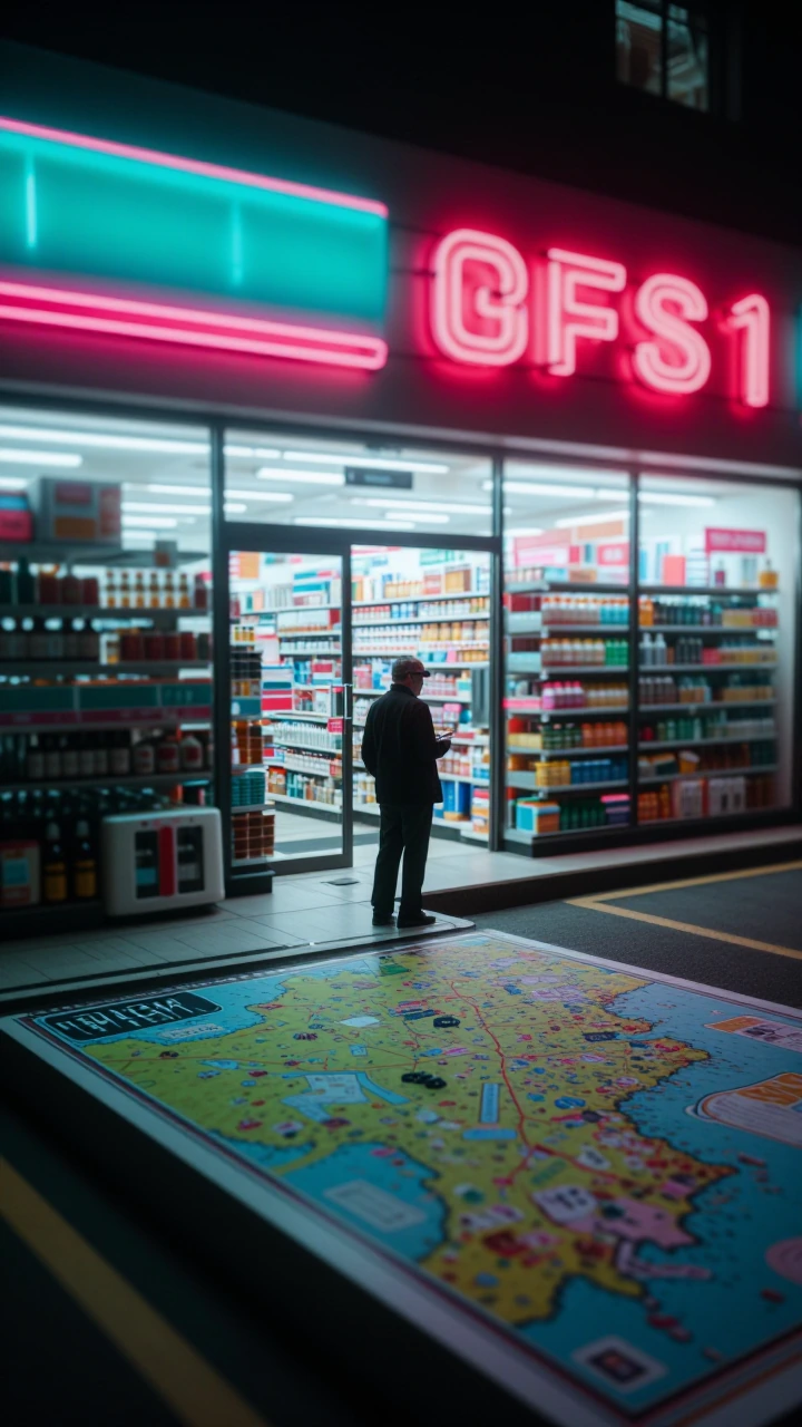 the night shift at the edge of the map in a lonely convenience store with lights and neon signage that is slightly too pale