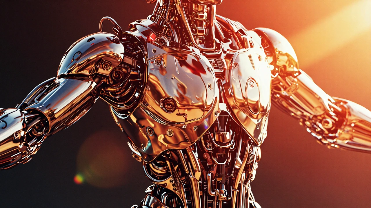 Closeup of a male cyborg with his arms spread wide displaying the integration of musculature and cybernetic enhancements.