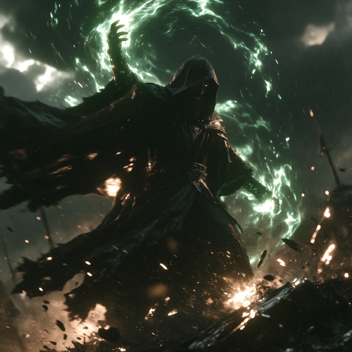 A dark hooded sorcerer stands on a storm-ravaged battlefield, his tattered robes whipping violently in the wind. He raises one arm, unleashing a swirl