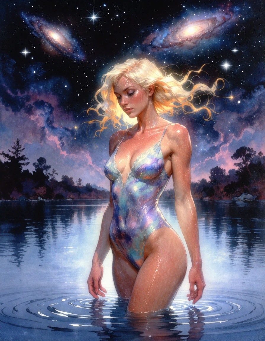 A luminous impressionist watercolor painting unfolds across a vast, mirror-like magic lake at night, where soft brushstrokes of translucent blues and violets blend seamlessly with expressive ink splatters that suggest movement and energy, evoking the