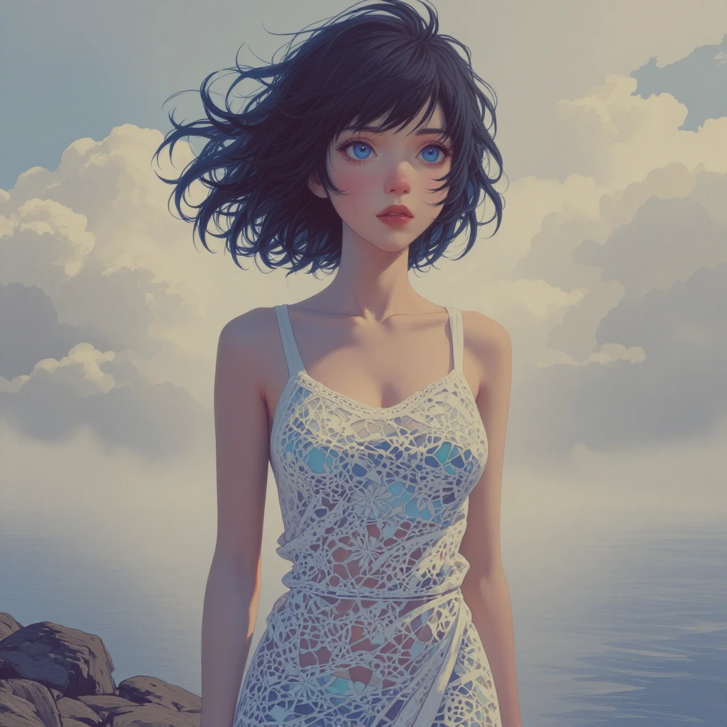 masterpiece, best_quality, highly detailed, soft shading, manimani, colorful, YOTA, abstract, watercolor sketch, 1girl, blue eyes, lace sarong, tank t