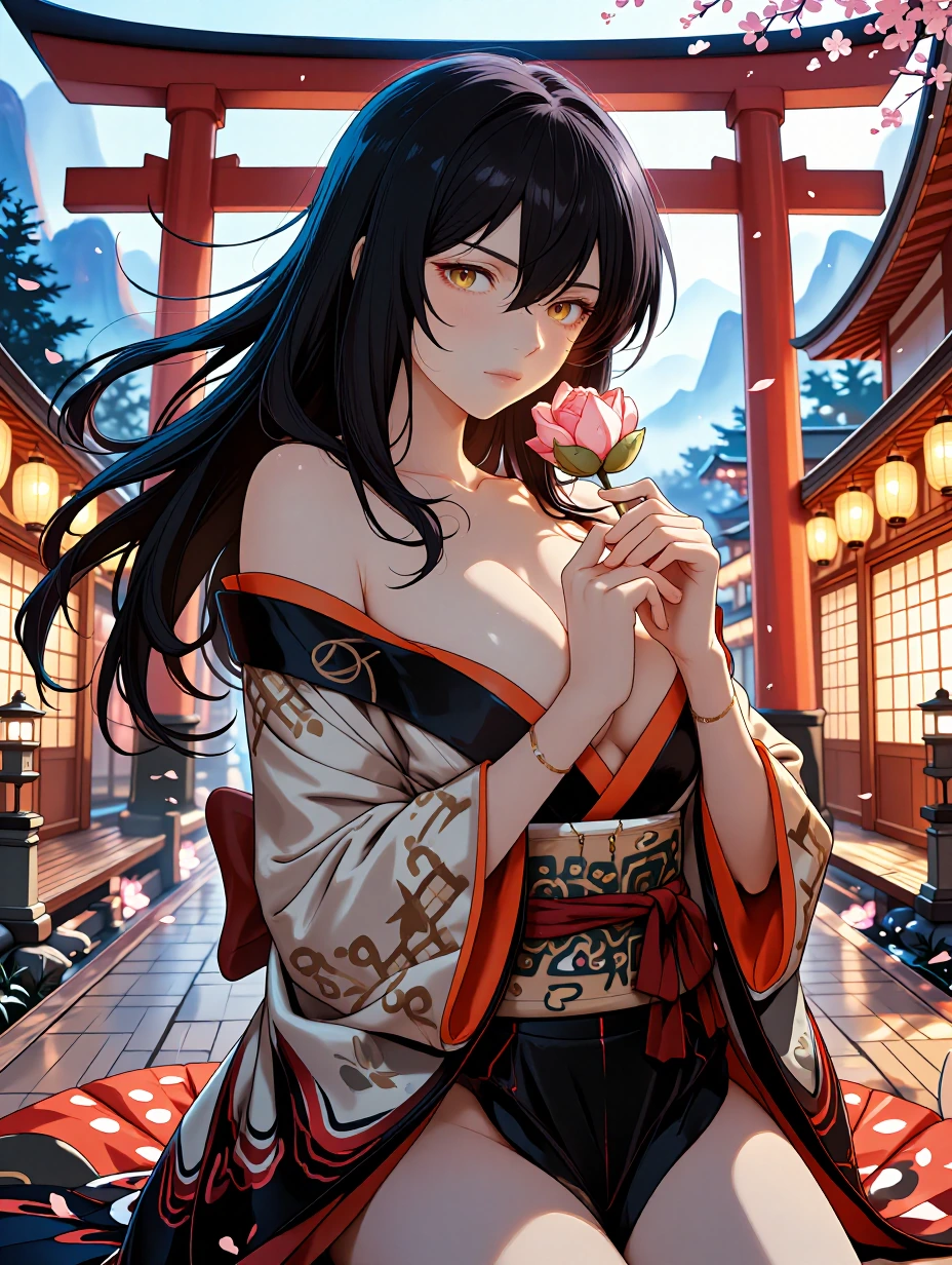 Japanese anime image of a japanese woman dressed in traditional ancient japanese clothes holding a japanese rose in her hands, the background is a beautiful flower garden , hughly detailed, 8k quality,