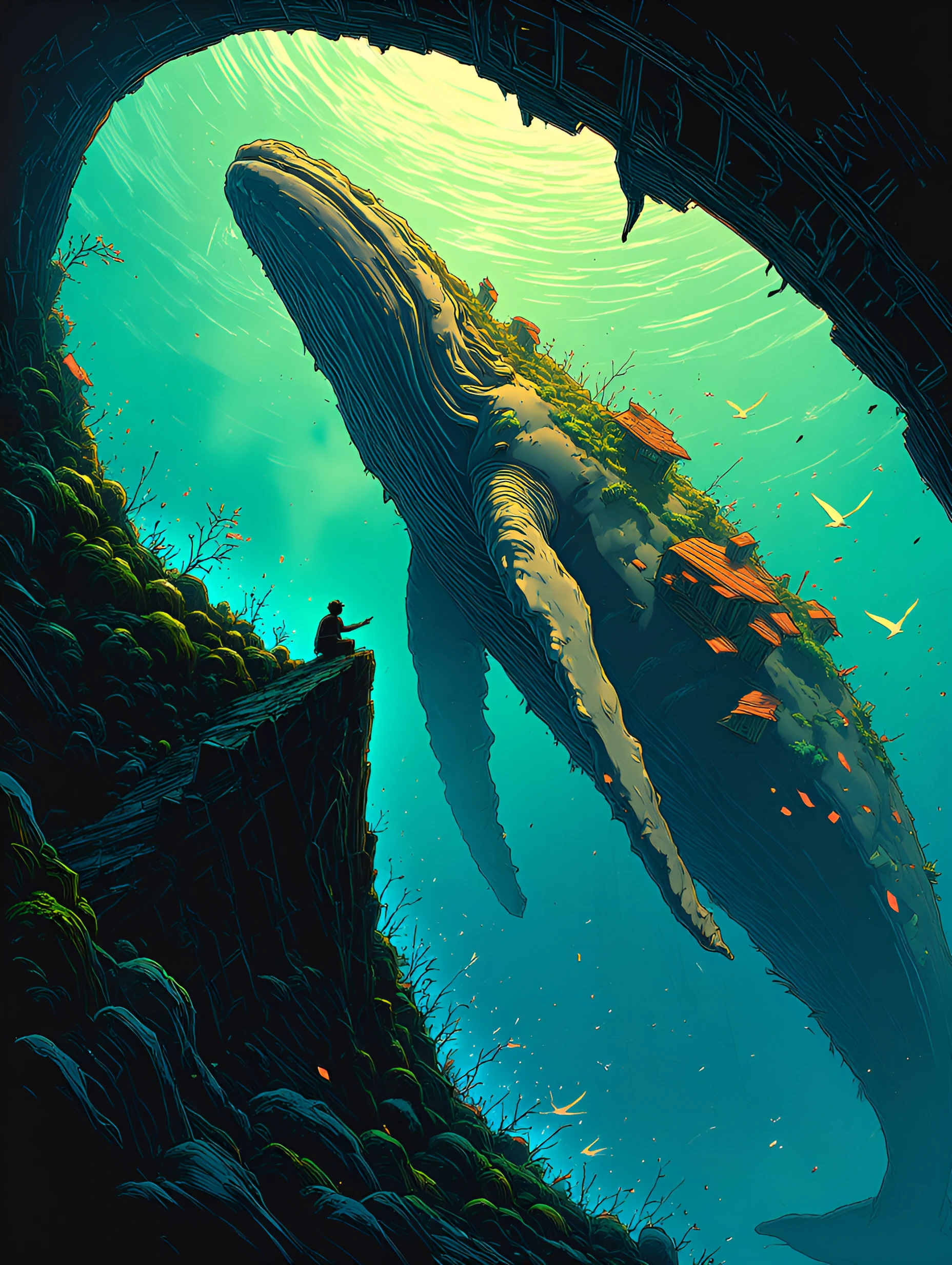 a lone figure with dark hair crouched on the edge of a large mechanical wing or aircraft structure, gazing down at a massive submerged whale skeleton covered in greenery and small orange-hued structures like houses or buildings growing from its ribs;