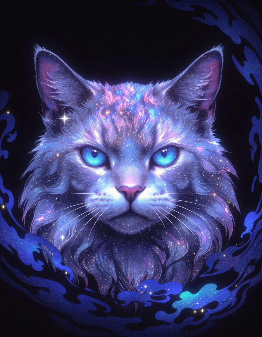 An ethereal cosmic illustration of a cat’s face centered in frame, front-facing symmetrical portrait, the fur painted in soft gradients of icy blues a