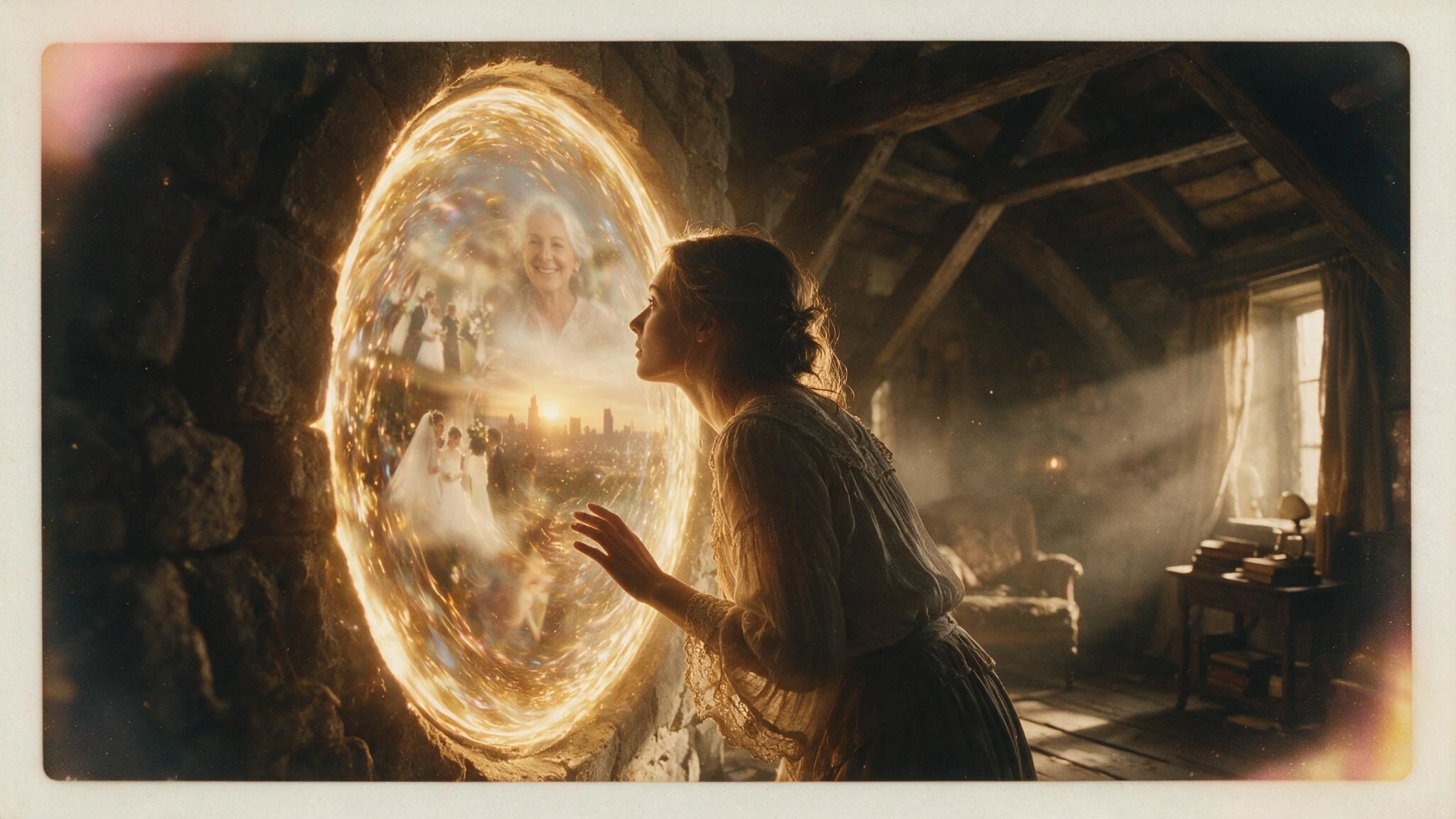 Capture a young woman standing before a shimmering circular portal, her silhouette framed against its glowing threshold as she gazes deep into swirling light that reveals fragmented glimpses of her future self. Show her posture leaning slightly forwa
