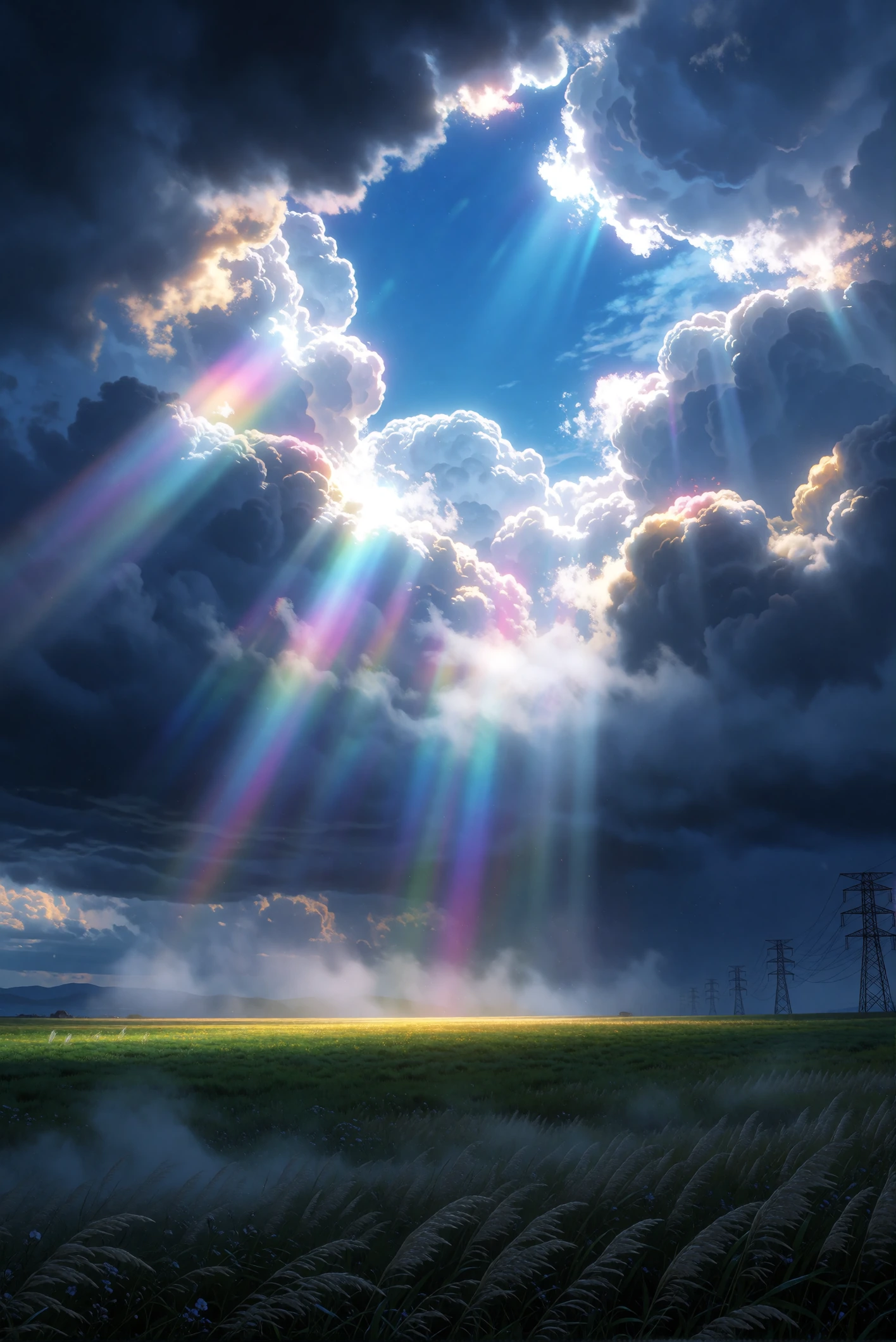 skin, detailed skin, cinematic, ethereal landscape beneath massive dark storm clouds, with a dramatic opening in the clouds revealing an intense brilliant blue sky. Powerful heavenly sunbeams stream down through the opening, creating glowing shafts o