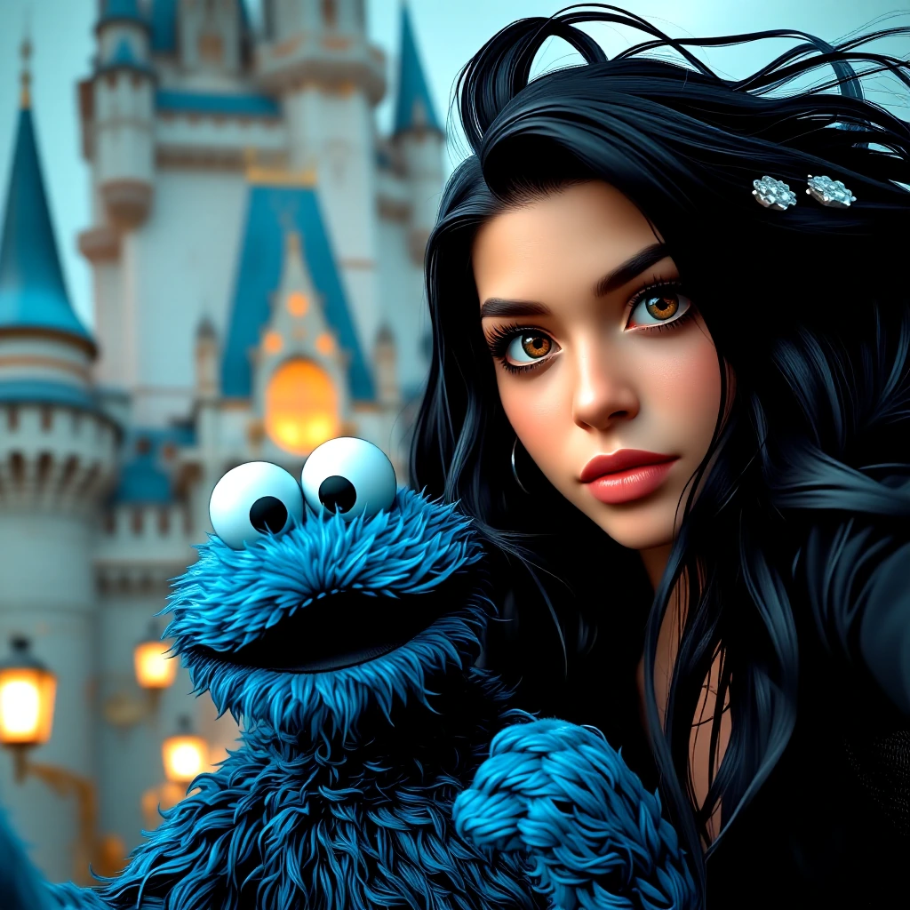 cute e-girl with black voluminous hair taking a candid selfie with cookie monster in front of the disney castle except the disney castle is gothic