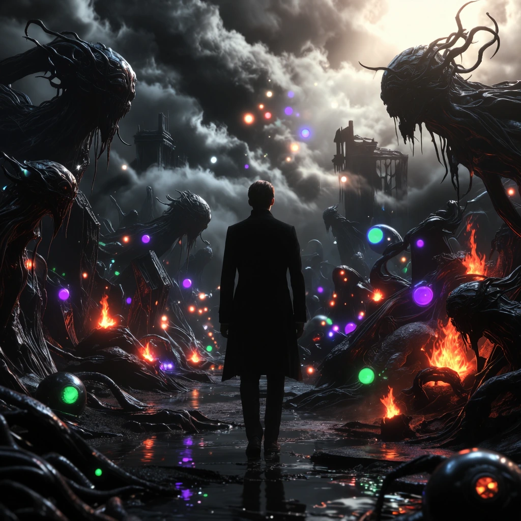 A high-detailed digital painting featuring a stylized standing at the center of a surreal, gothic nightmare landscape. He wears a classic black Victor