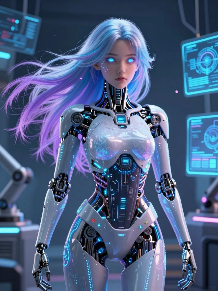 [MAIN_CHARACTER] = 'a futuristic cyborg, blending organic and robotic aesthetics with intricate visual effects from head to toe.' [MAIN_CHARACTER_PRONOUNE] = 'her' [Prompt] Create a highly-detailed, full length, 3D-Model of [MAIN_CHARACTER] [Key Spec