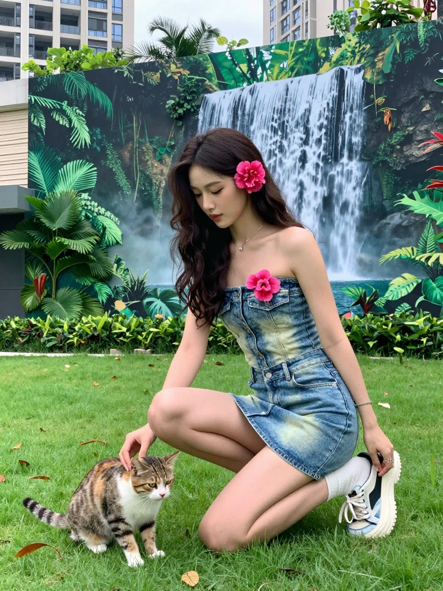 Woman with her cat in a city park, tropical vibes, waterfall wall art, acid washed blue jean mini dress, flowers