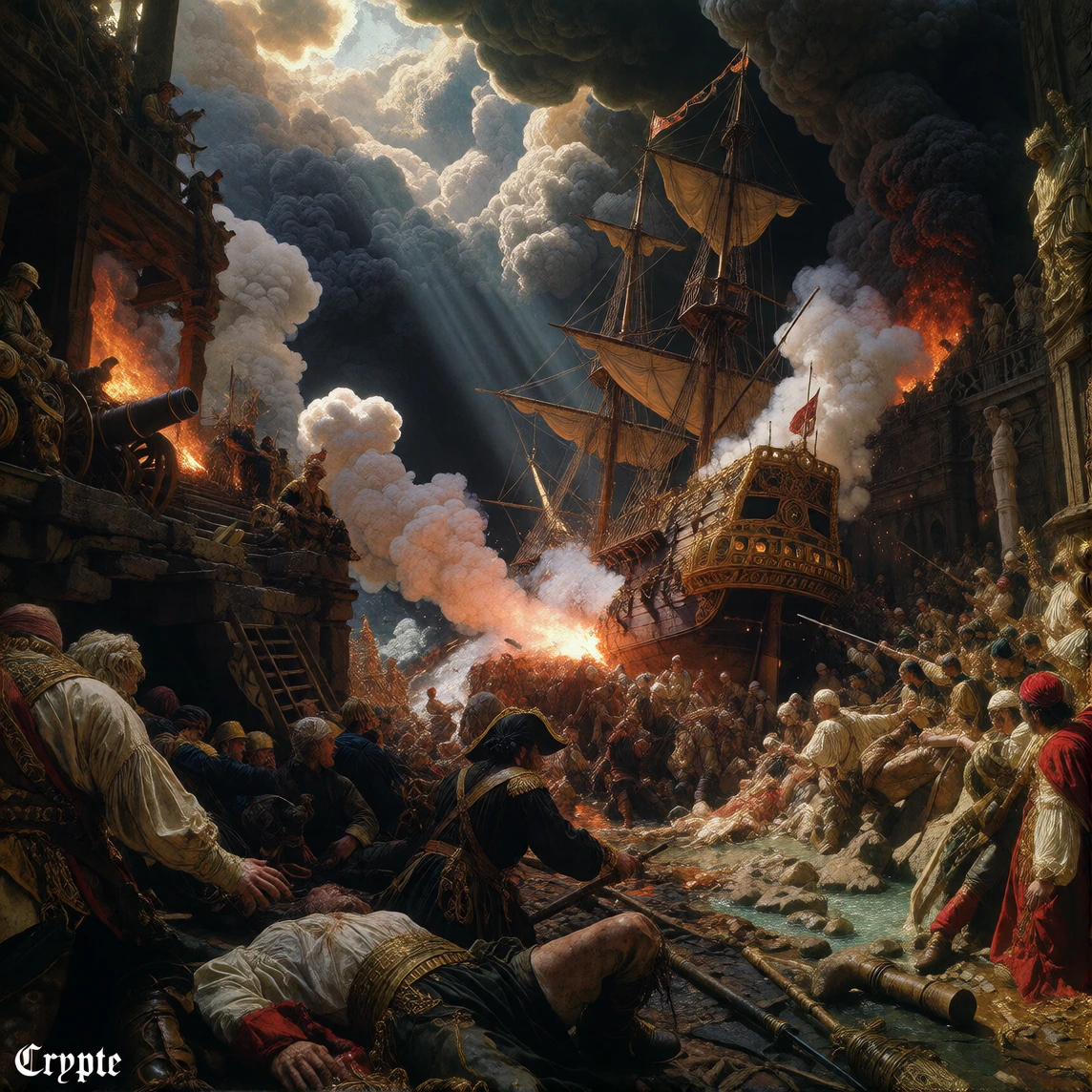 A striking, expressive and sombre sketch on the theme of sea pirates, in the characteristic artistic style and atmosphere of Leonardo da Vinci. Parchment texture in Renaissance sepia tones, complex cross-hatching, fine ink lines, anatomical studies i