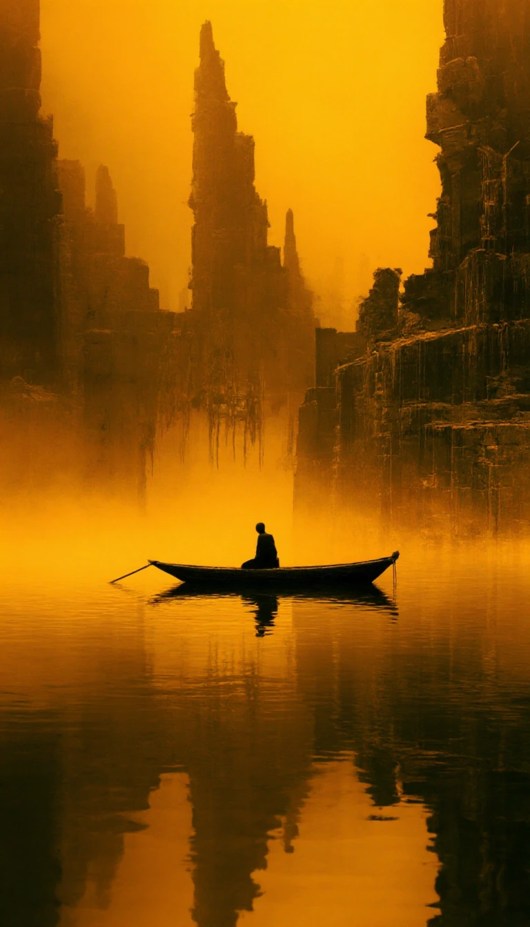 A lone figure sits in a weathered wooden boat, adrift on still, amber-hued waters. Towering behind them, skeletal stone structures rise like ancient sentinels through thick, golden haze. The massive architectural remnants—crumbling spires and jagged 