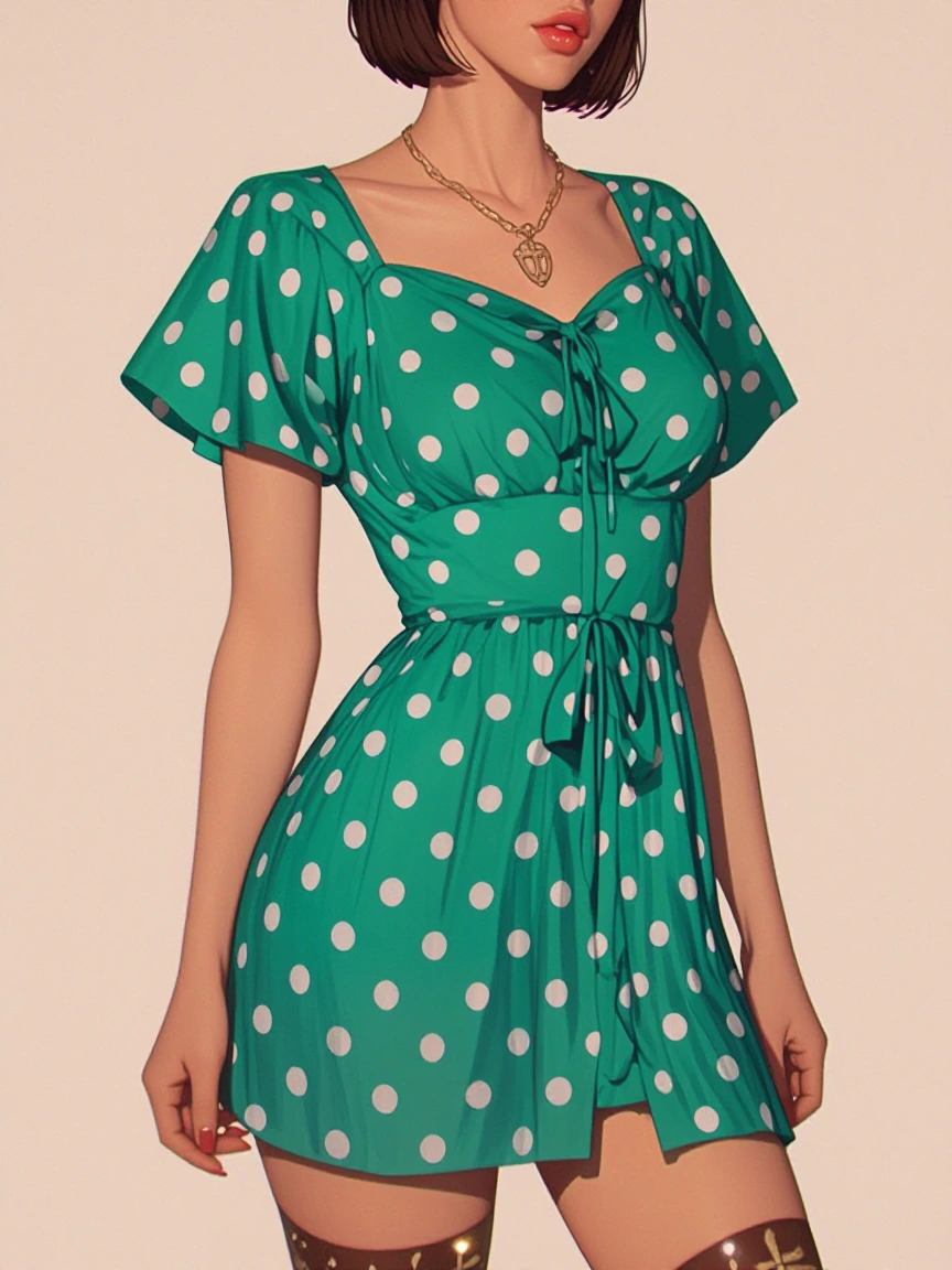 80s style baddie green mini dress with large white polka dots