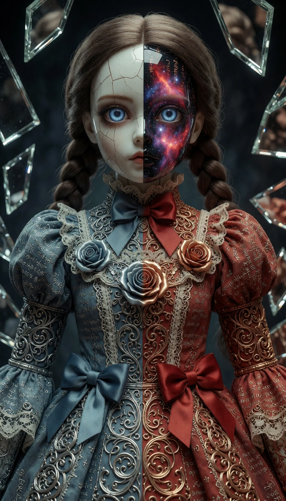 ​A hyper-detailed and unsettling porcelain doll, with braided pigtails, stands and stares directly forward. The doll's face is cracked down the center