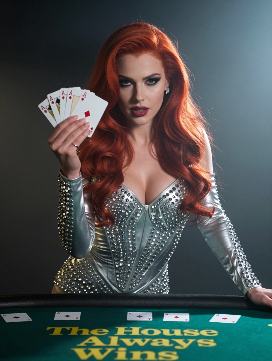 Dangerous Gangster's Casino Girlfriend, smart red hair, metallic makeup, formfitting dealer's outfit studded with crystal shards, a deck of cards, ready to play. Title "The House Always Wins"