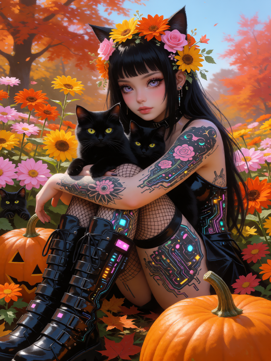 Vibrant autumn flowers and pumpkins landscape, highly detailed matte painting black fog style portrait Quantum Ethernal Muse goth witch with her black