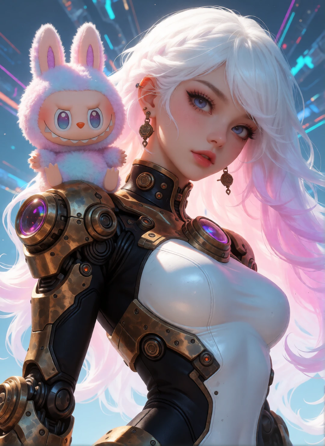 Beautiful woman in a sleek Labubu themed steampunk futuristic mech jumpsuit. Labubu monster on shoulder. White Ombre hair. Futuristic background. Anime photo mixed. Cinematic airbrushed style.