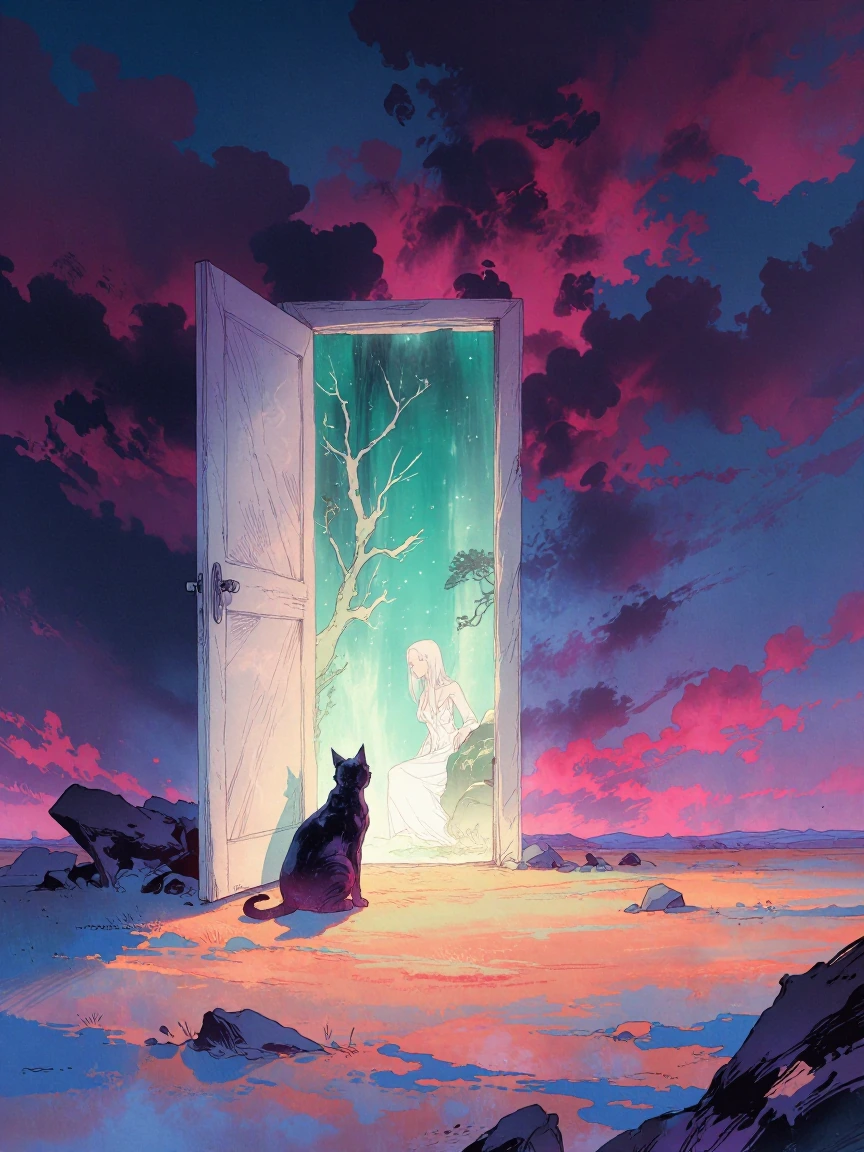 a mysterious door standing in the middle of a vast, colorful desert at twilight, the sky is a blend of deep magentas and vibrant teals, the door is slightly open revealing a glowing, ethereal landscape, a woman and a sleek cat are looking towards the