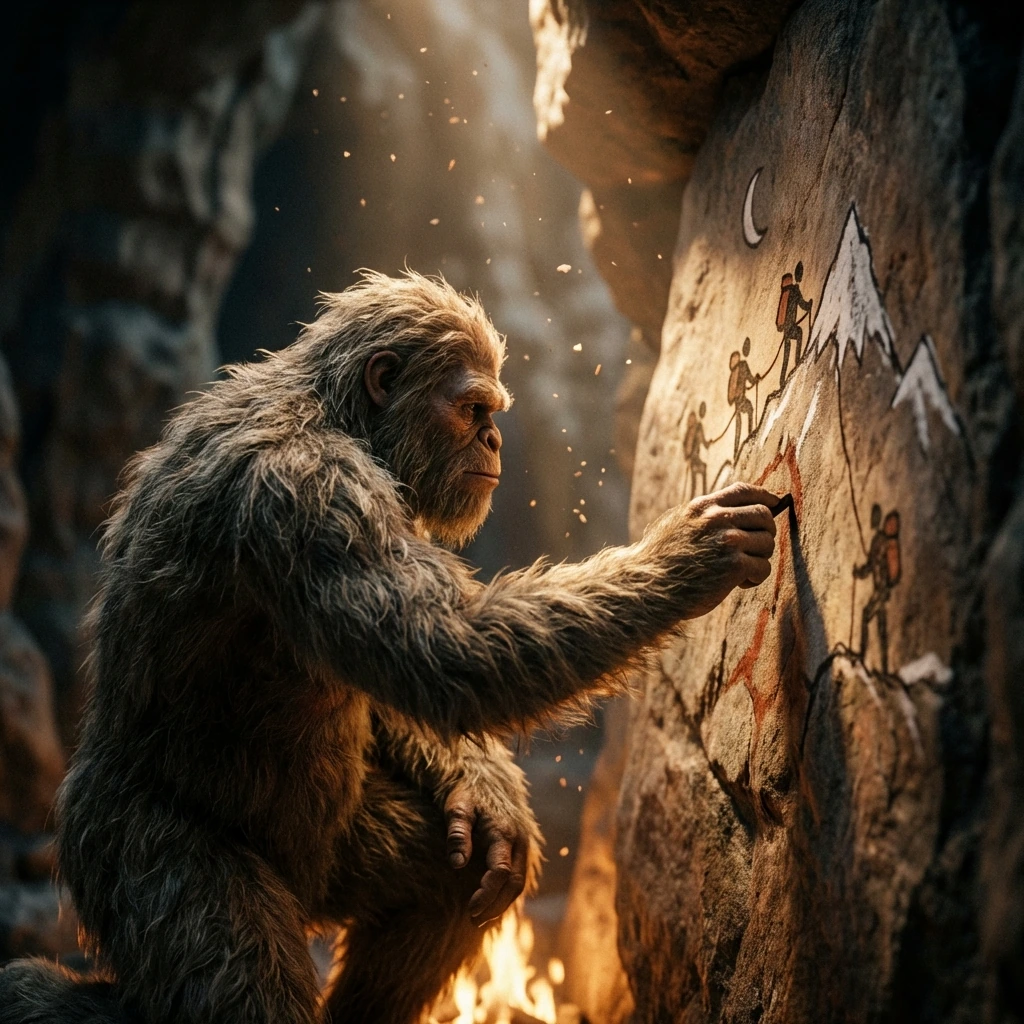 Hominid Yeti making a cave painting of a group of humans climbing Mount Everest.